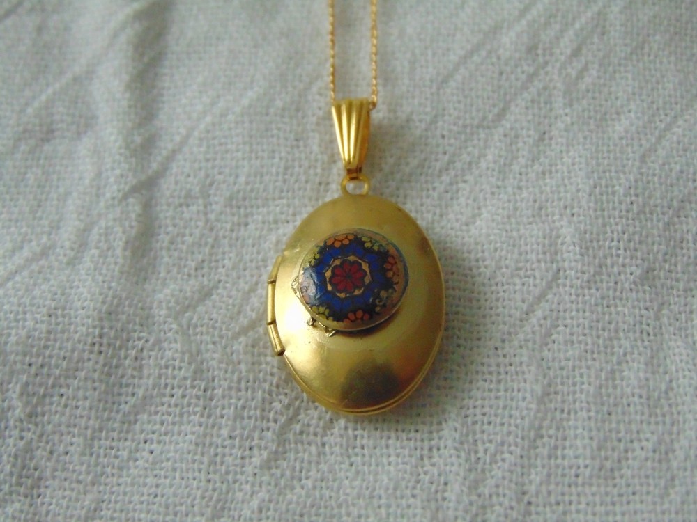 vintage Turkish Mosaic cabochon locket pendant necklace g.f. chain