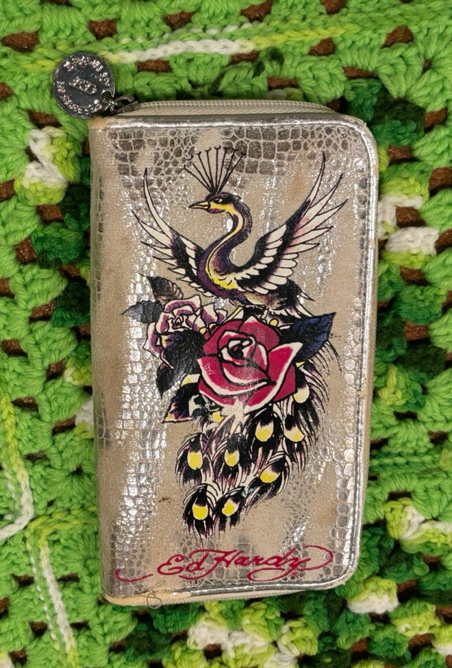 Ed Hardy “Painted By Ed” Bird Rose Silver Wallet Y2K Grunge Art Retro