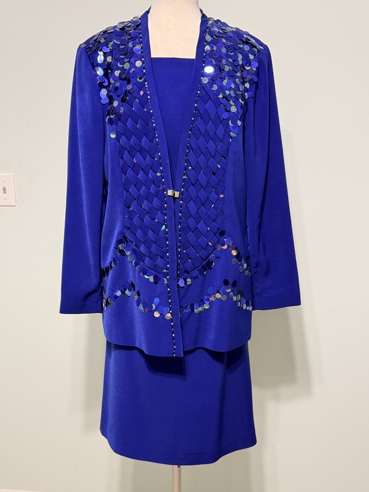 Cobalt Royal Blue Sz 16  2 piece Skirt set Sequins Iridescent Vintage Formalwear
