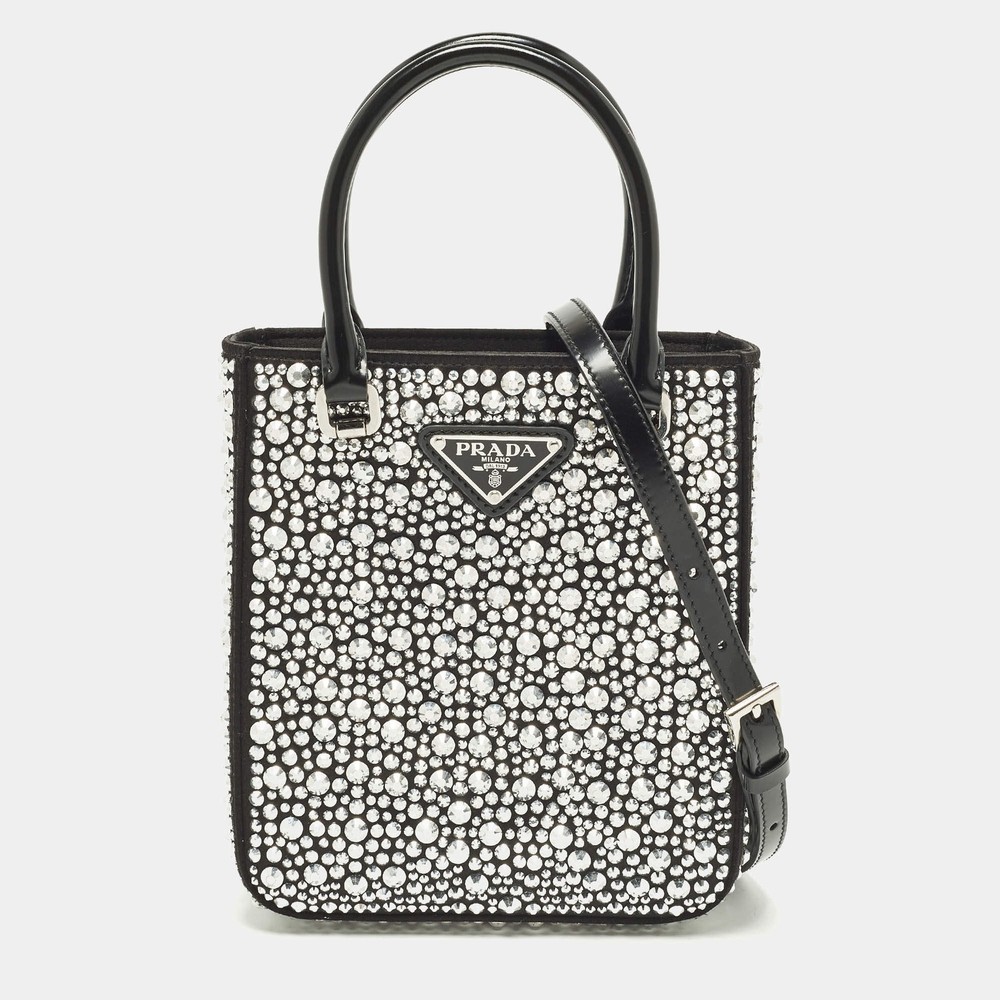 Prada Metal Panier Small Black Satin Crystal Embellished Tote