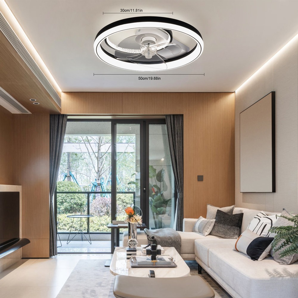 Modern LED Ceiling Fan with Remote 3 Invisible Dimmable Blades and Chandelier Light
