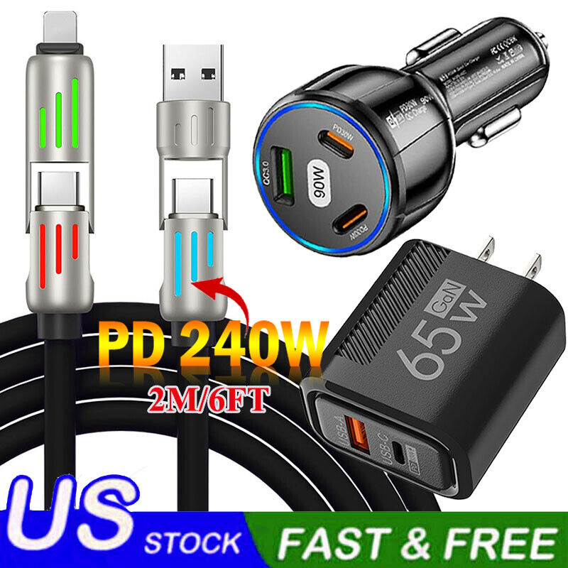 4 in 1 USB C Cable 240w Fast Charging & Data Sync Multi Silicone RGB Charge Cord
