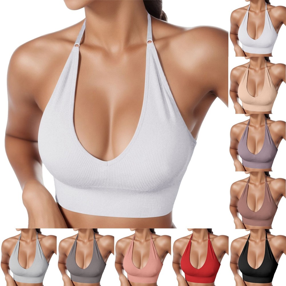 Women's Halterneck Sports Bra Backless Deep V Neck Sports Bustier Padded Sexy