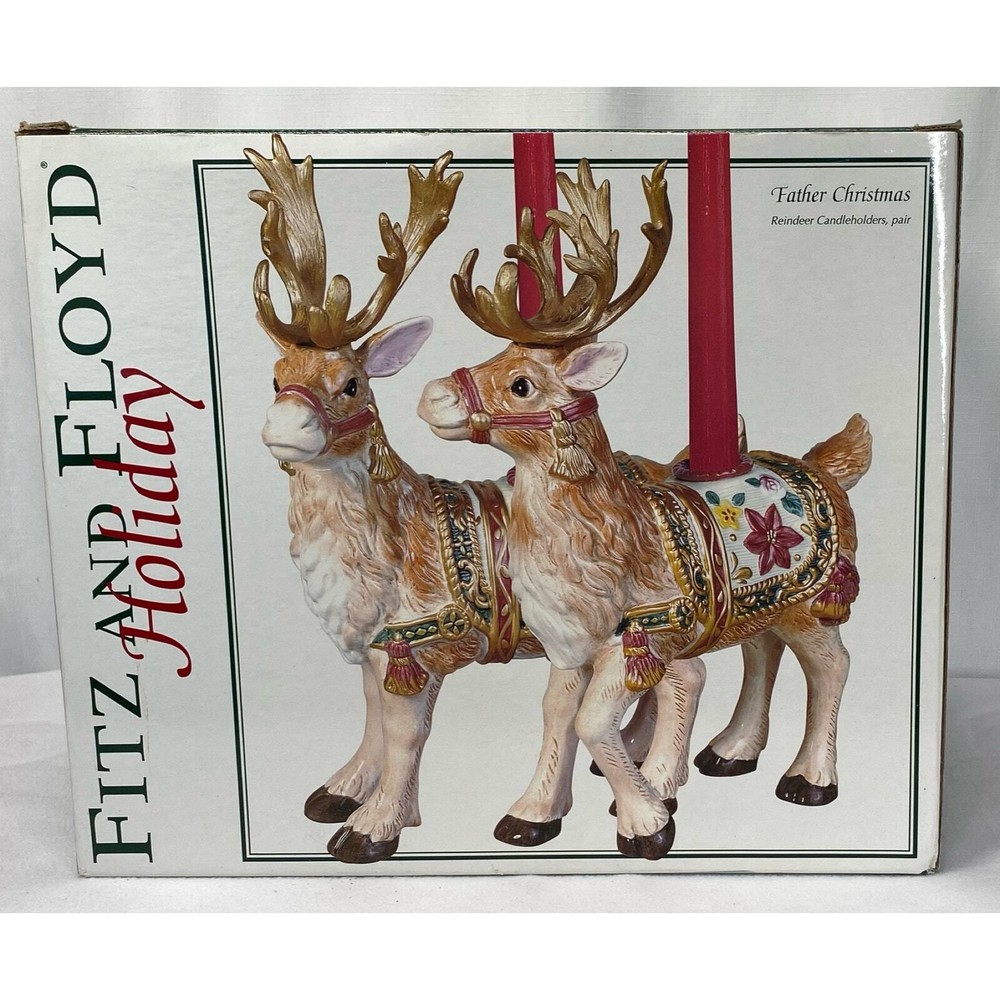 Fitz & Floyd Father Christmas Reindeer Candleholder Pair
