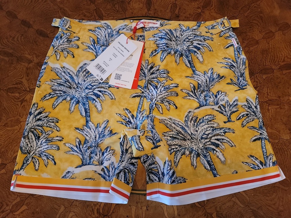 Orlebar Brown Bulldog Palm Border Men's Swim Shorts Trunk 32 Trees Yellow NEW 🌴
