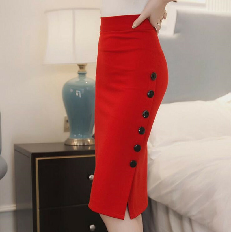 Womens Pencil Skirt Cotton Stretch Elastic Waist High Waisted Knee Length Office
