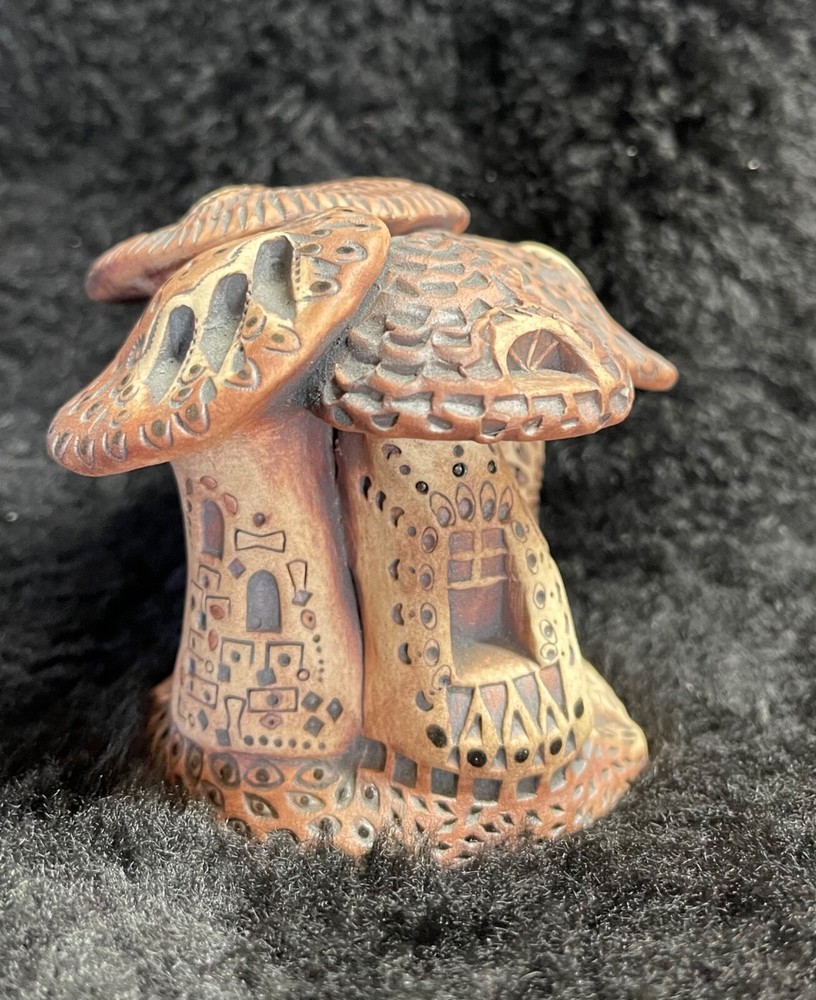 WHIMSICAL MUSHROOM HOUSE FIGURINE, BROWN, MANY DOORS