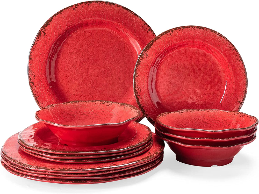 Farmhouse Plates and Bowls Set, 12 Piece Christmas Melamine Dinnerware Sets for