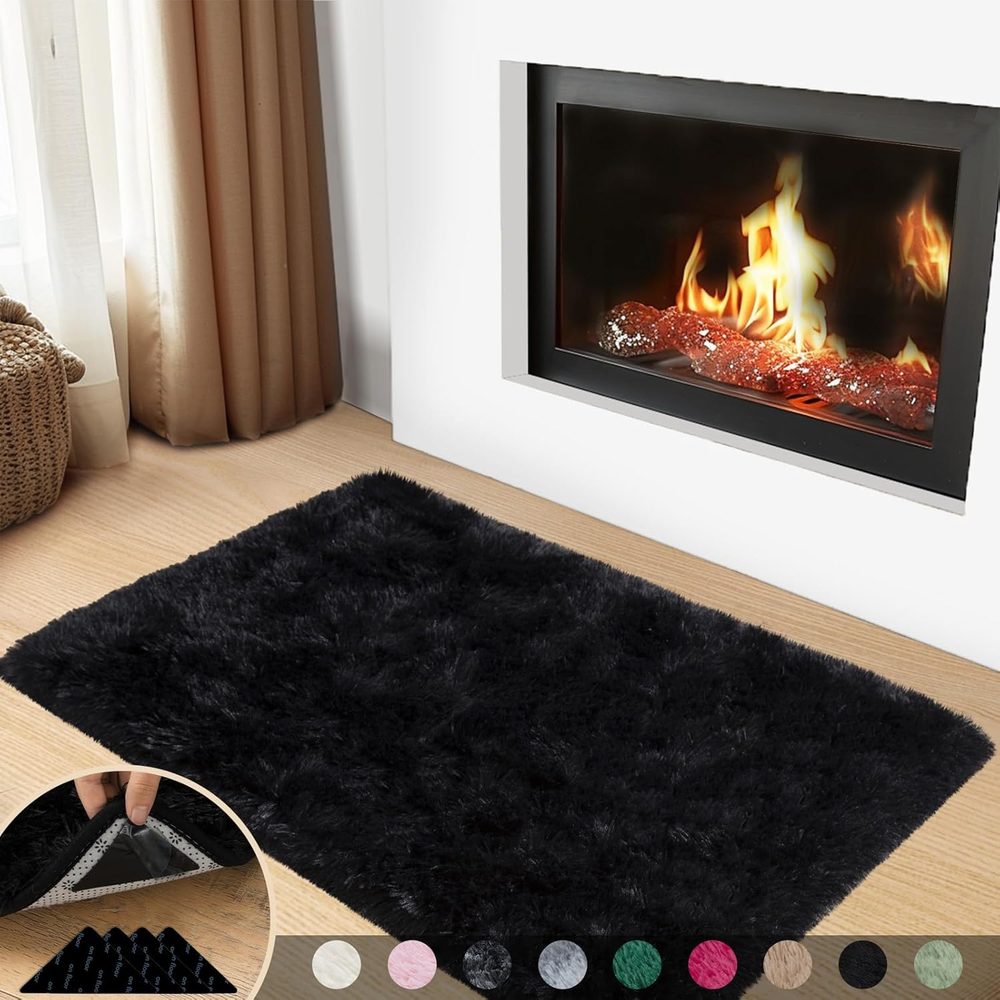 Soft Black Shag Rug 2x3 Feet for Bedroom, Living Room, or Kids Area