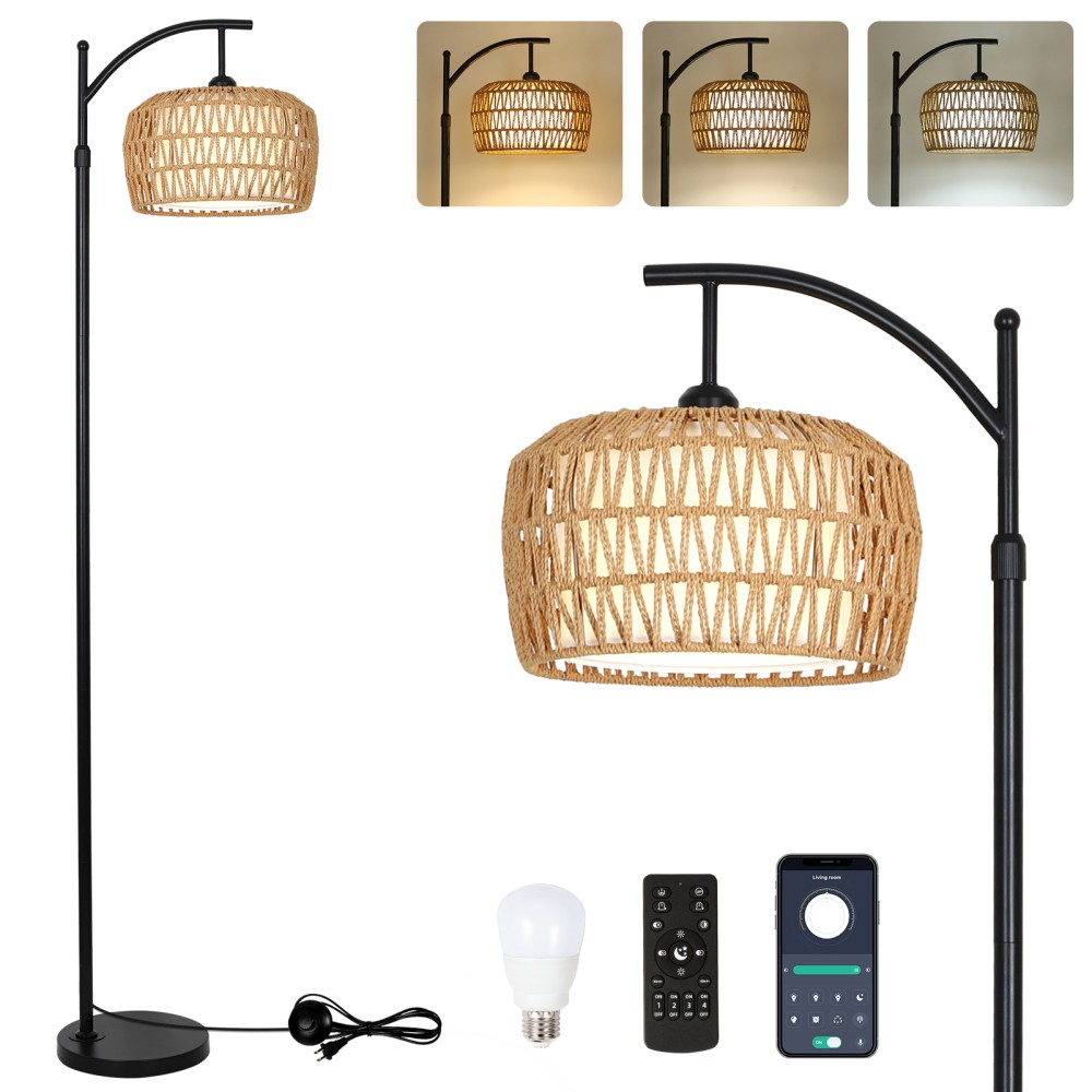 Dimmable Rattan Arc Floor Lamp with LED Bulb Mid Century Shade Standing Lamp