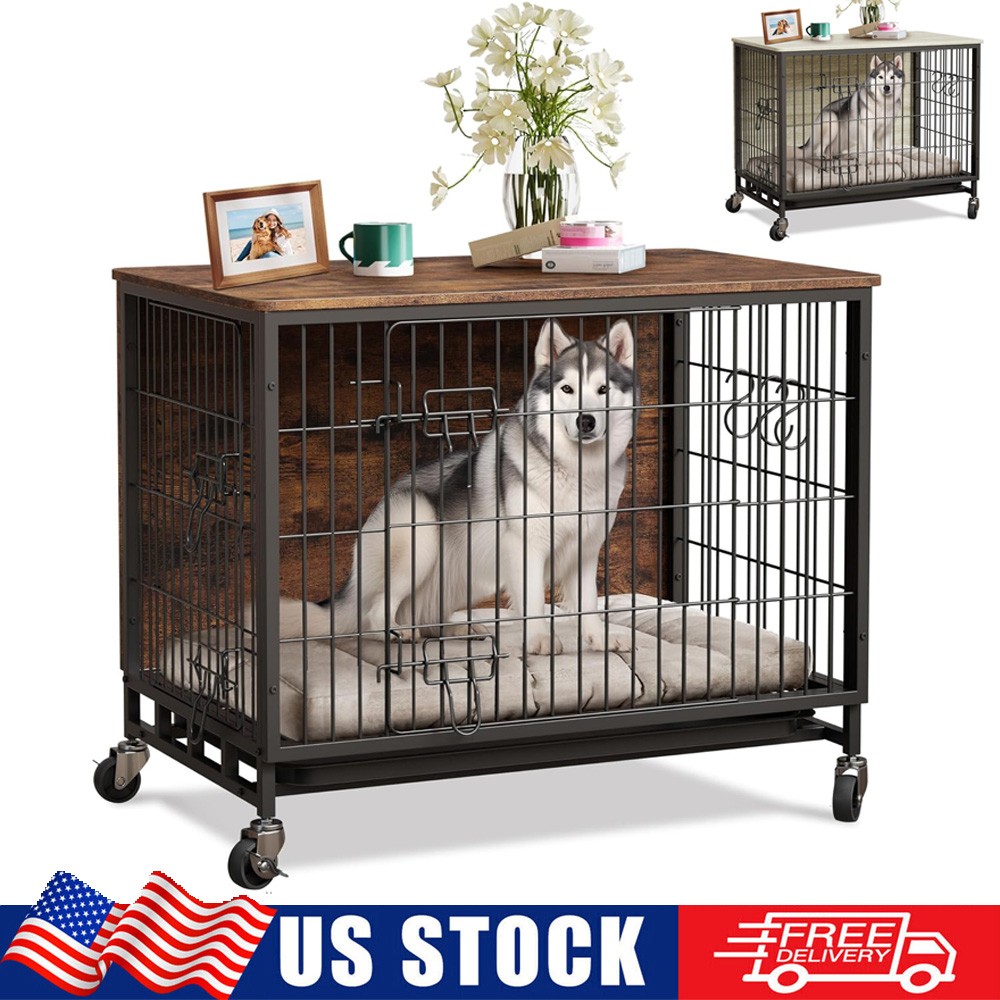 Large Heavy Duty Dog Crate Wooden Kennel Cage with Tray End Table Pet Furniture