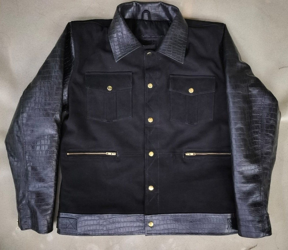 Men’s Luxury Black Leather Jacket Crocodile pattern Sleeves & Gold Snap Buttons
