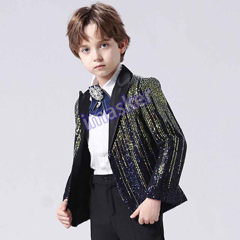 Boy Formal Dress Blazer Suit Jacket Coat Sequin One Button Model Show Party Cool