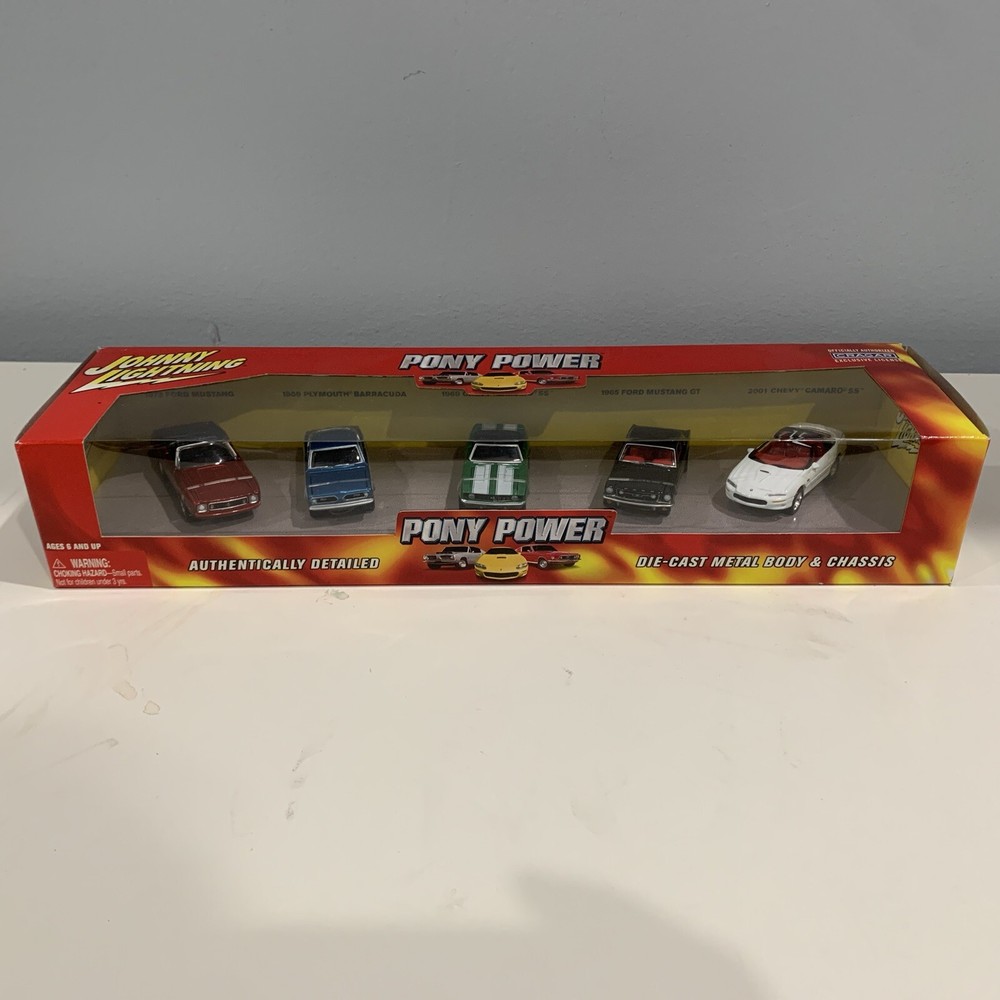 JOHNNY LIGHTNING PONY POWER 2 5-CAR GIFT SET, MUSTANG, CAMARO, BARRACUDA, NIB