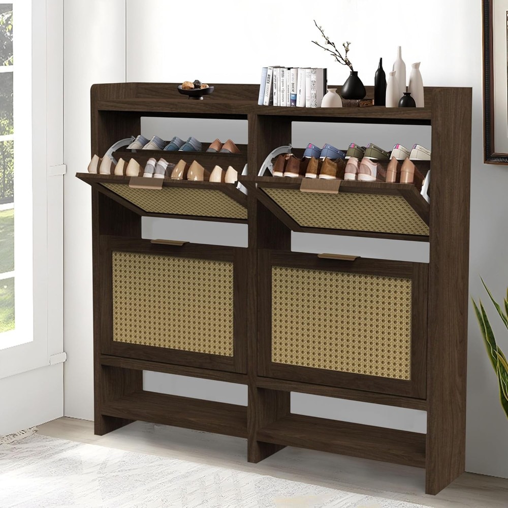 Rattan Shoe Cabinet with 4 Flip Drawers and Extra Storage Shelf - Freestanding Narrow Design