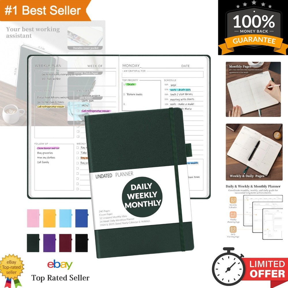 Productivity Boosting Weekly & Monthly Planner 2024-2025, Dark Green Elegance