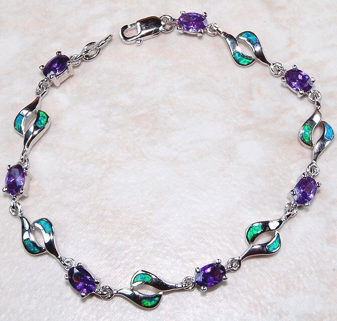 Amethyst & Australian Opal Inlay 925 Sterling Silver Tennis Bracelet OB1