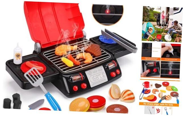 Kids Play Food Grill with Pretend Smoke Sound Light Kitchen Playset grill set