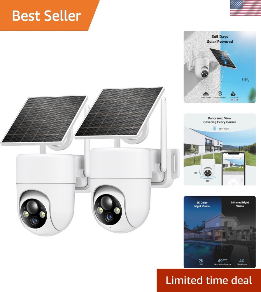 2K Solar Wireless Outdoor Security Cameras 2PCS Solar-Powered Waterproof Motion Detection