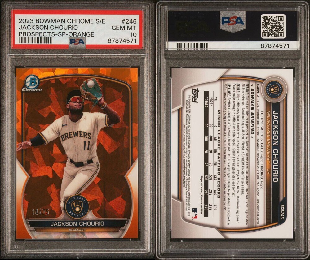 2023 Bowman Chrome Sapphire Orange Jackson Chourio /75 PSA 10 Gem Mint
