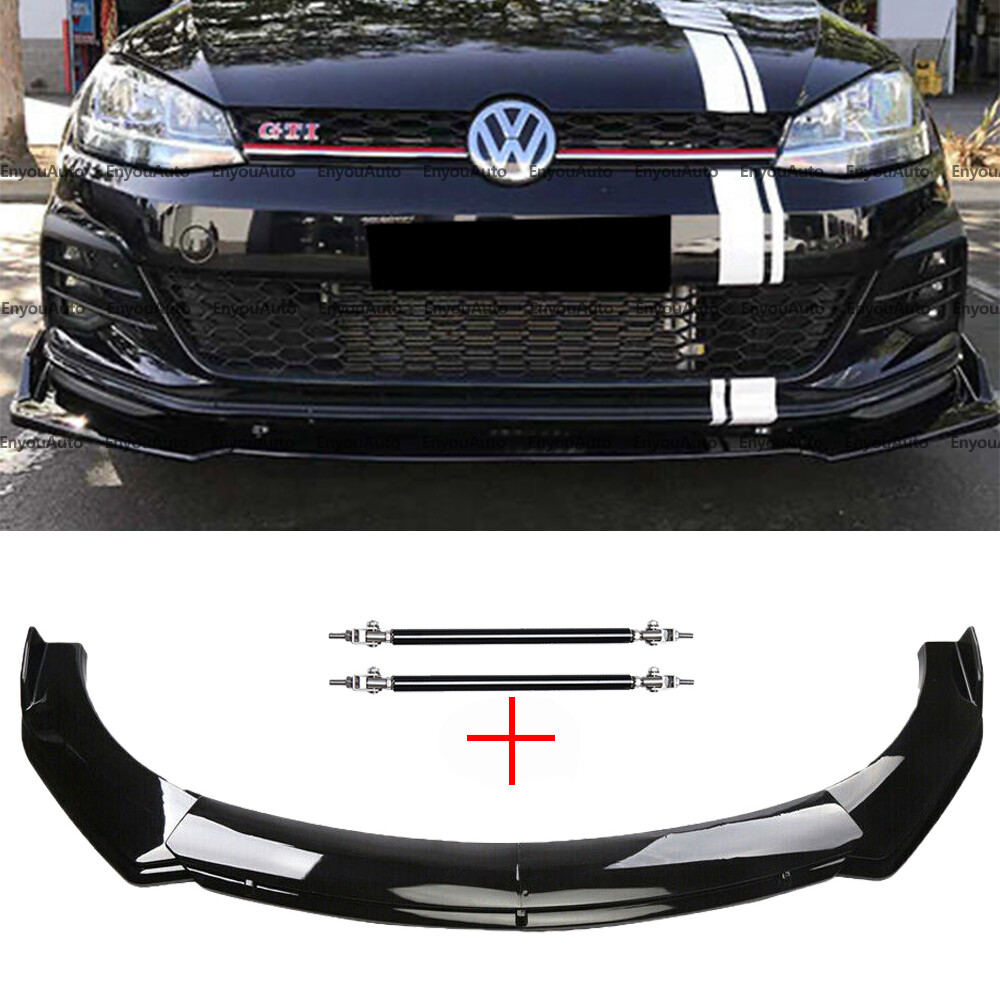 For Volkswagen Passat Front Bumper Lip Spoiler + Strut Rods Glossy Black
