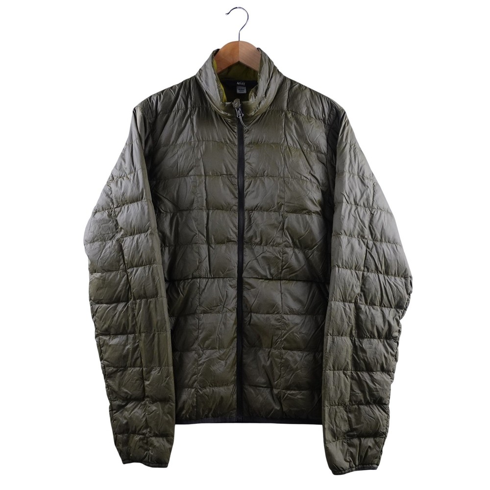 REI Co-op 650 Puffer Jacket Men M Olive Green Full Zip Lightweight Outdoors Camp