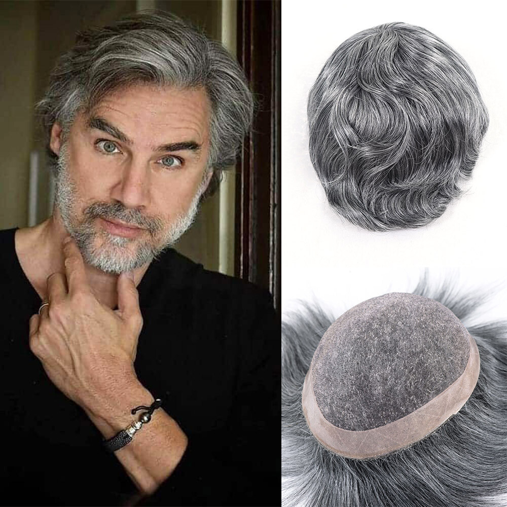 Grey Human Hair Toupee for Men Breathable Mono Lace Mens Wig System Hairpiece