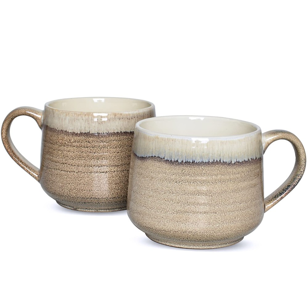 Large Ceramic Wide Coffee Latte Mug Set of 2, 18 Oz, Big Stoneware Tea Cup for O