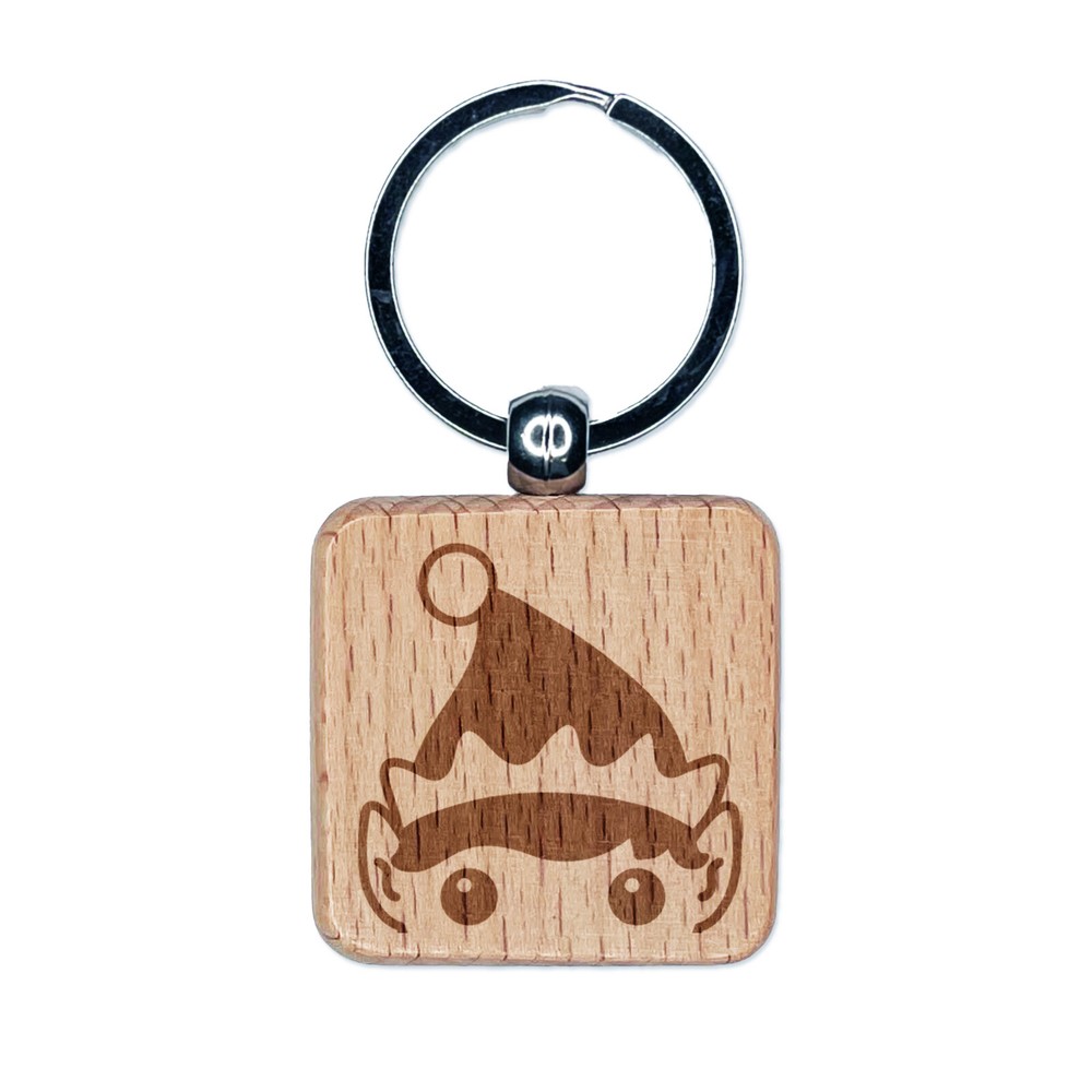 Festive Peeking Elf Engraved Wooden Keychain Holiday Charm
