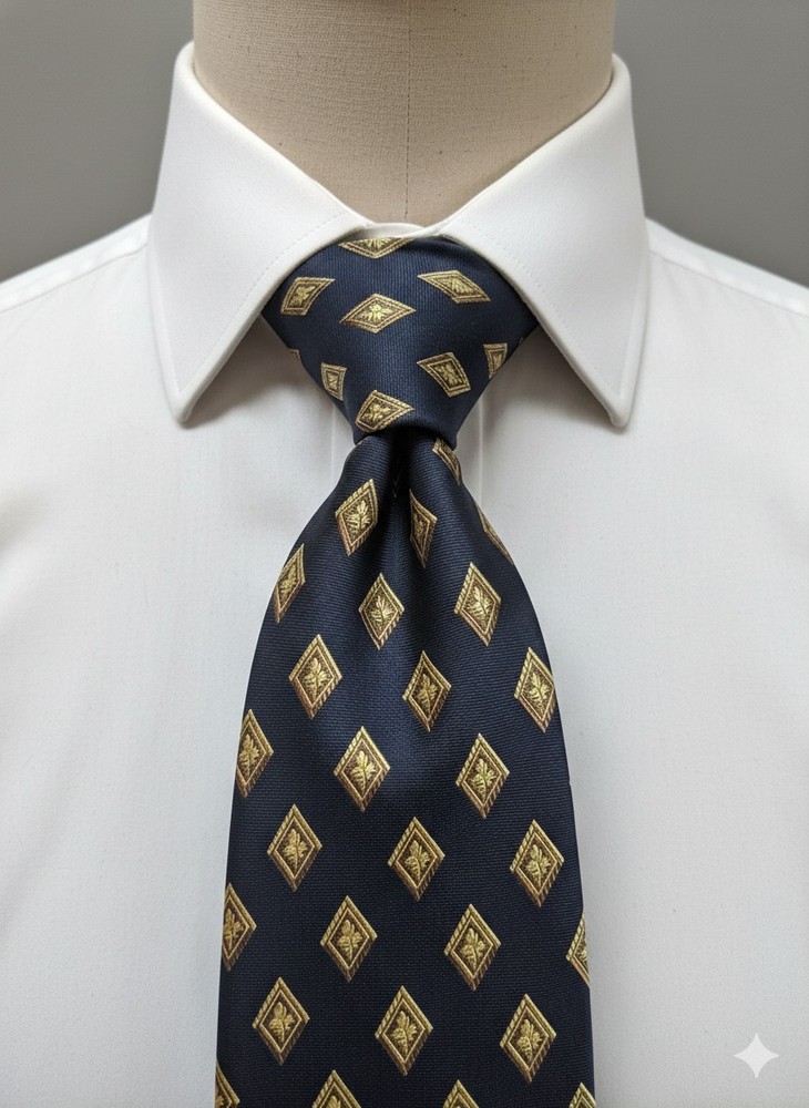 Burberrys Silk Tie Navy Blue Gold Diamond Leaf Pattern Made in Italy 56