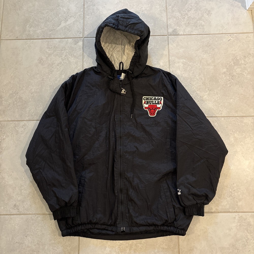Vintage Starter Chicago Bulls Jacket Sz XL Black Red Full Zip Puffer Hooded NBA