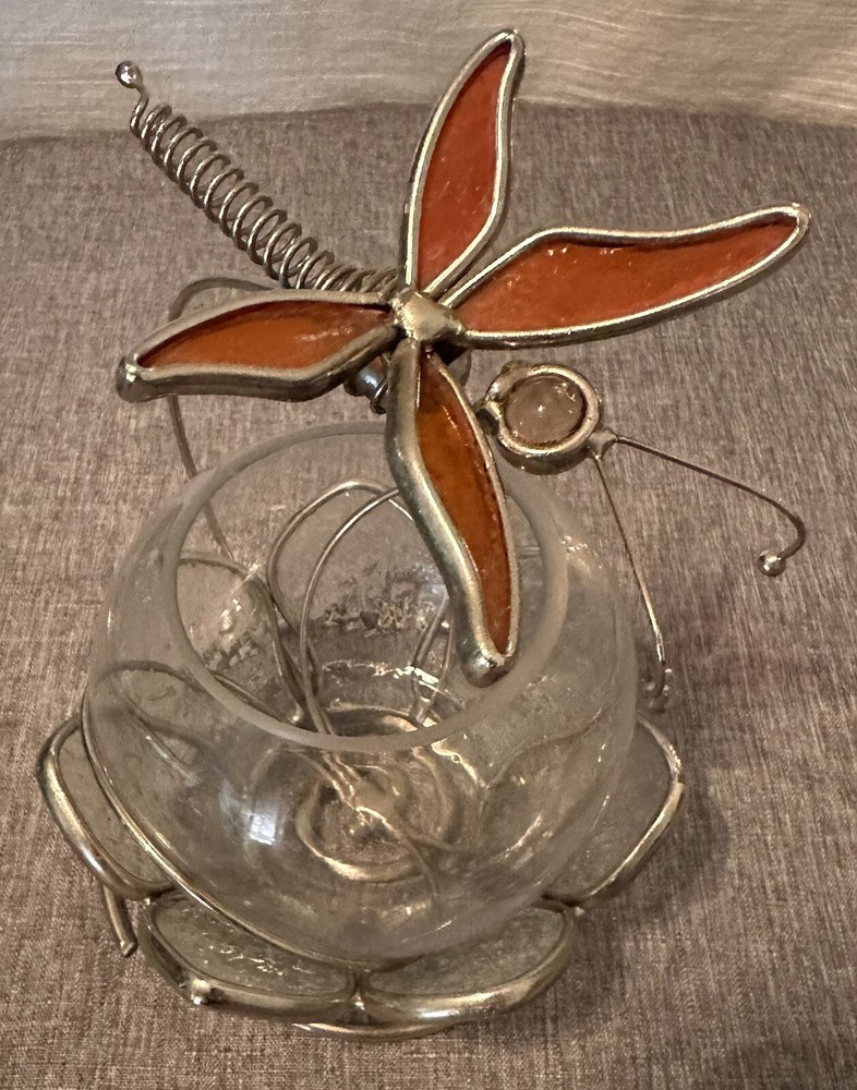 Dragonfly Stained Glass, Petals Pebble Glass, Candle Holder Glass Decor 6.75” T