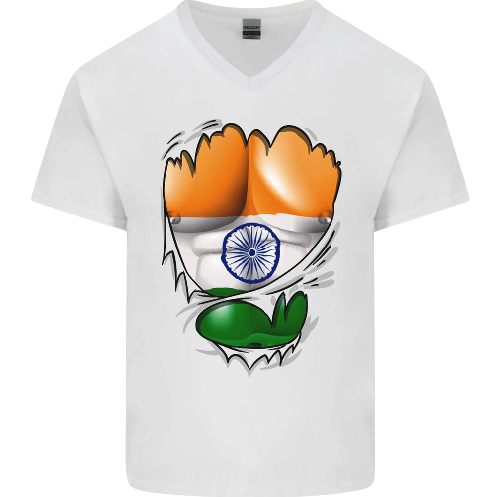 Gym The Indian Flag Ripped Muscles India Mens V-Neck Cotton T-Shirt