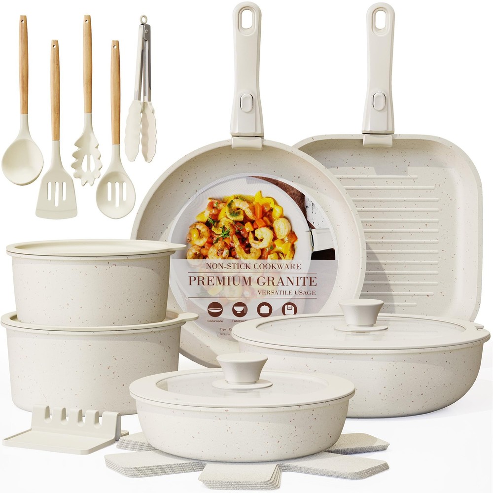 Astercook 23 Pcs Pots and Pans Non 23 Kitchen Cookware Sets, Cream White