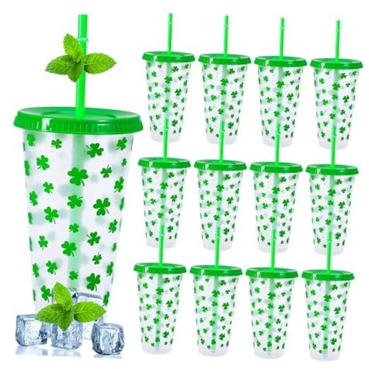 12 Pcs St. Patrick's Day Shamrock Plastic Tumblers with Lids Straws Reusable