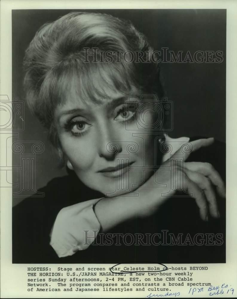 Press Photo Celeste Holm co-hosts Beyond the Horizon, on CBN Cable Network.