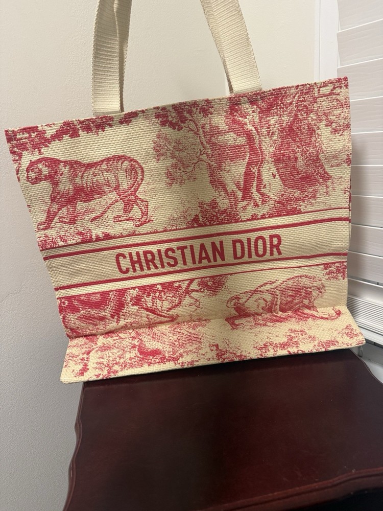 Christian Dior Red Beige Toile De Jouy Embroidered Women's Tote Bag