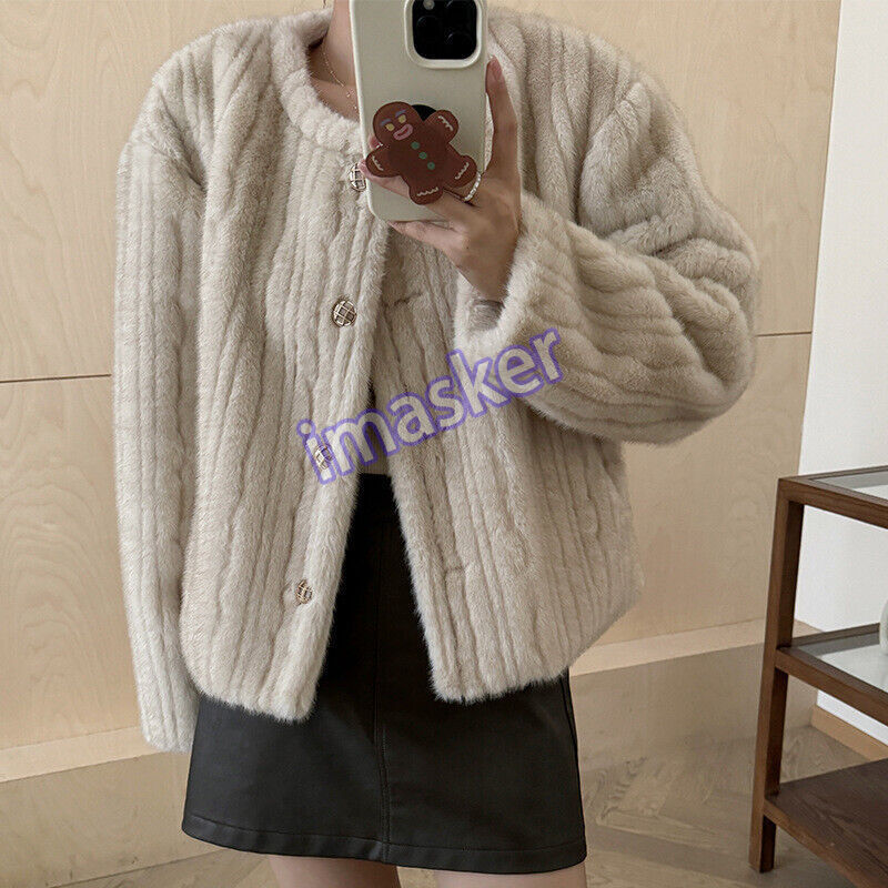 Imitation Fur Short Warm Thickened Fluffy Jacket Plush Women Crew Neck Coats Sz  