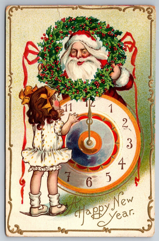 Smiling Santa Up Close Little Girl Clock Midnight New Year Holly Tuck Postcard