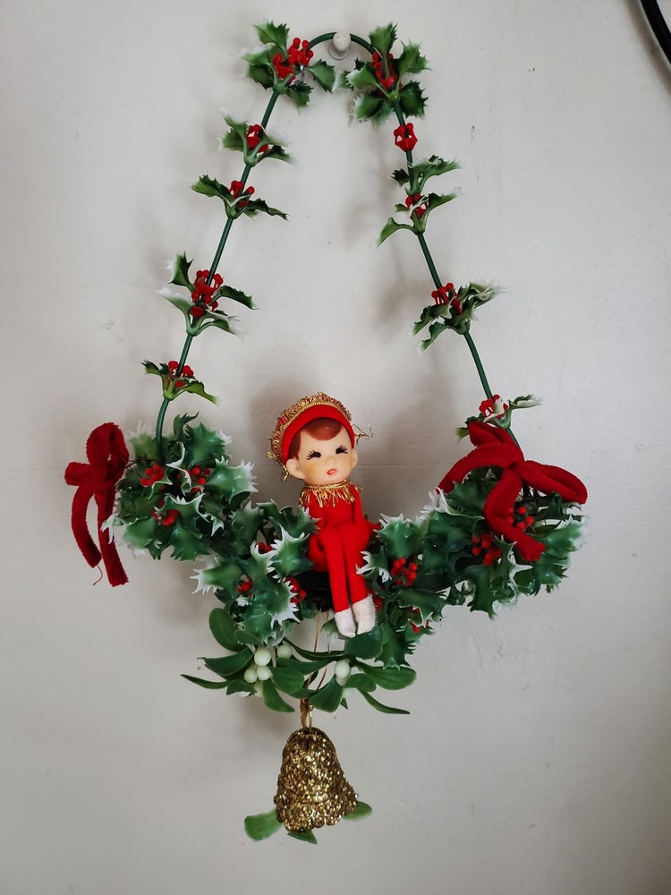 Vtg Christmas MCM Knee Hugger Elf Holly Mistletoe Bells Hanging Decor Ornament