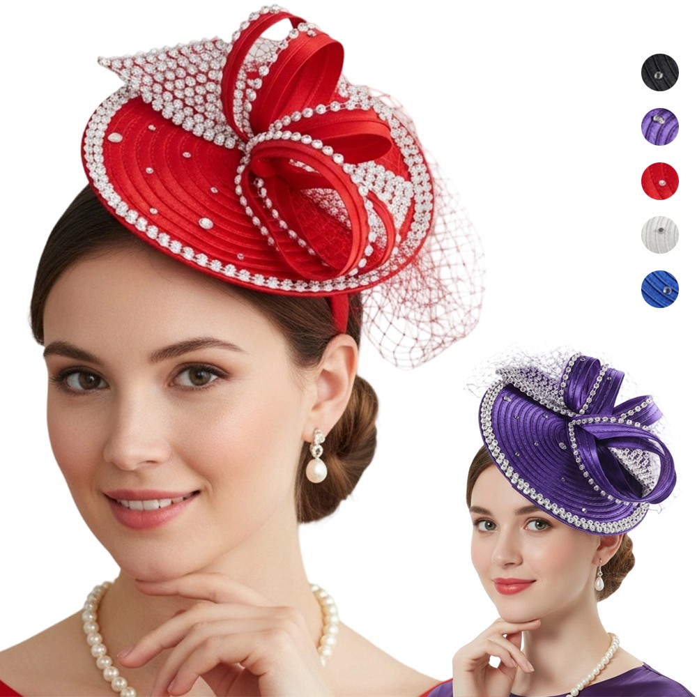 Satin Fascinator Fancy Hair Accessory Party Hat Rhinestone Headdress with Veil；