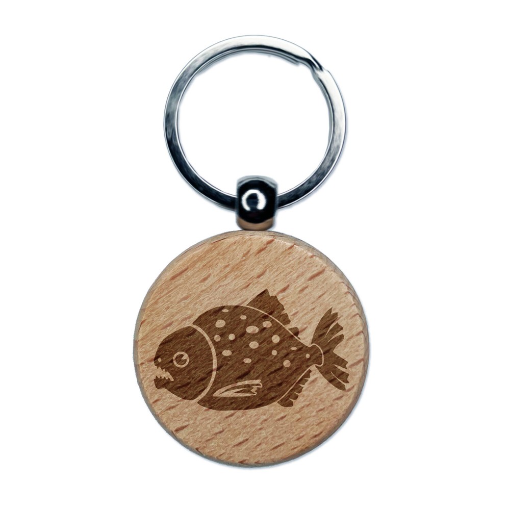 Toothy Piranha Fish Engraved Wood Round Keychain Tag Charm