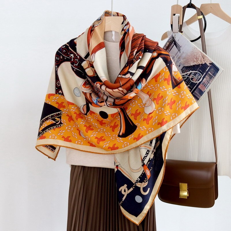 70% Cashmere & 30% Silk Wrap Scarf Horses Print Double Face Square Shawl 53