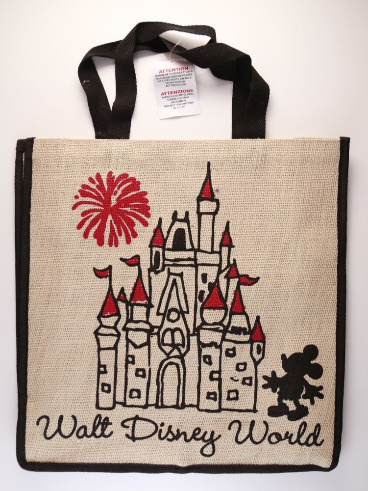 Disney Parks Cinderella Castle & Minnie Mouse Burlap Tote Bag Large WDW