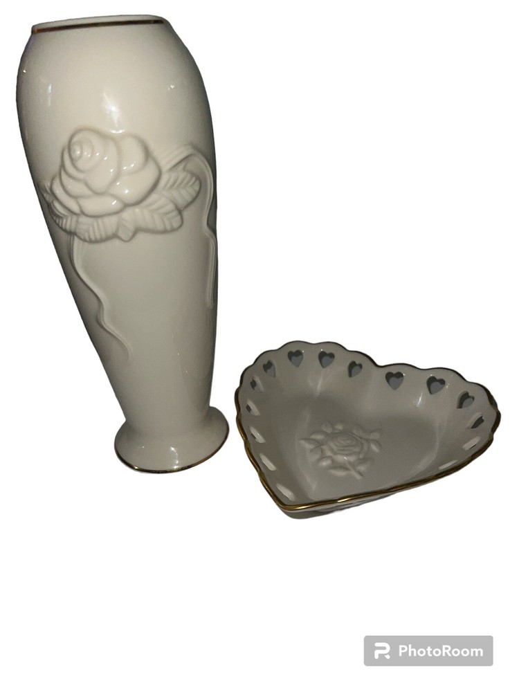 Lenox Embossed Rose Cream Vase Heart Bowl Set Gold Trim Vintage