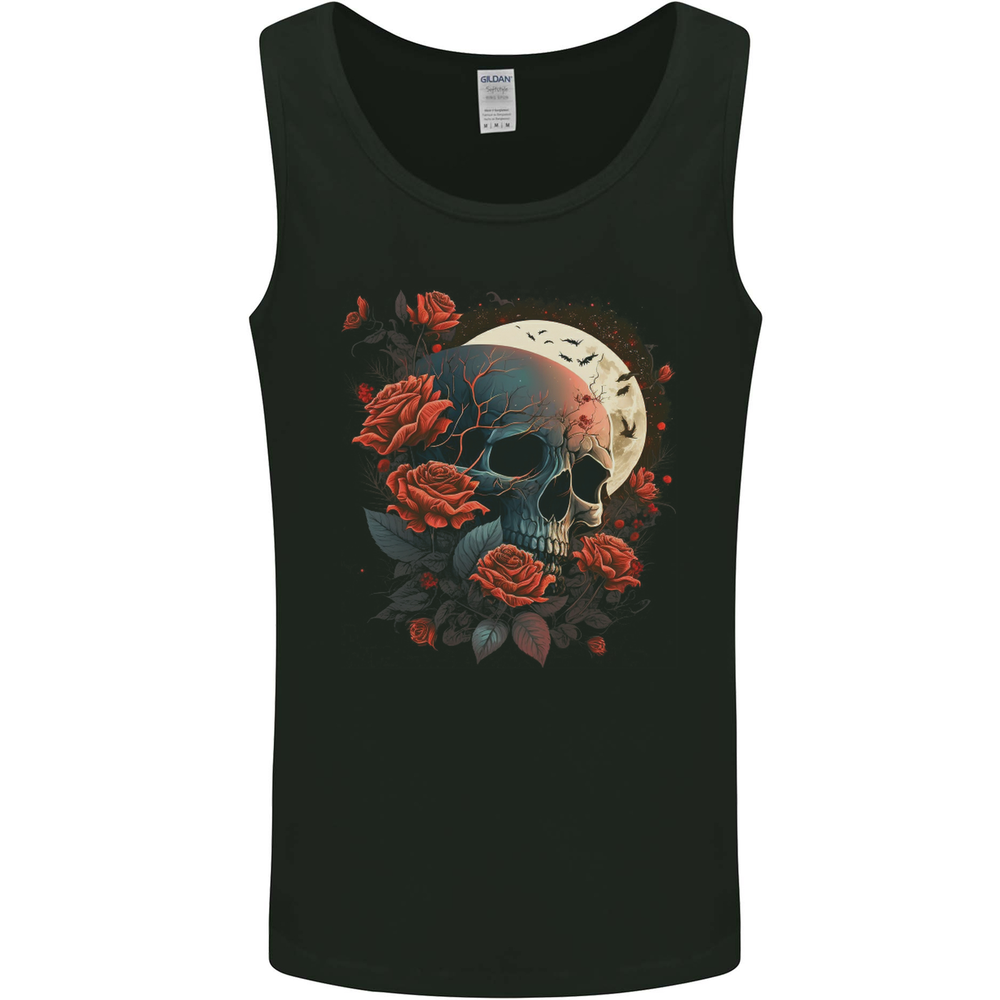 A Dark Fantasy Skull With Roses and Moon Mens Vest Tank Top