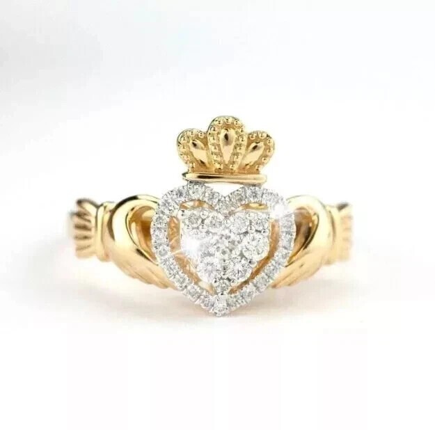 1.30Ctw Round Cut Moissanite 14K Yellow Gold Plated Claddagh Wedding Ring