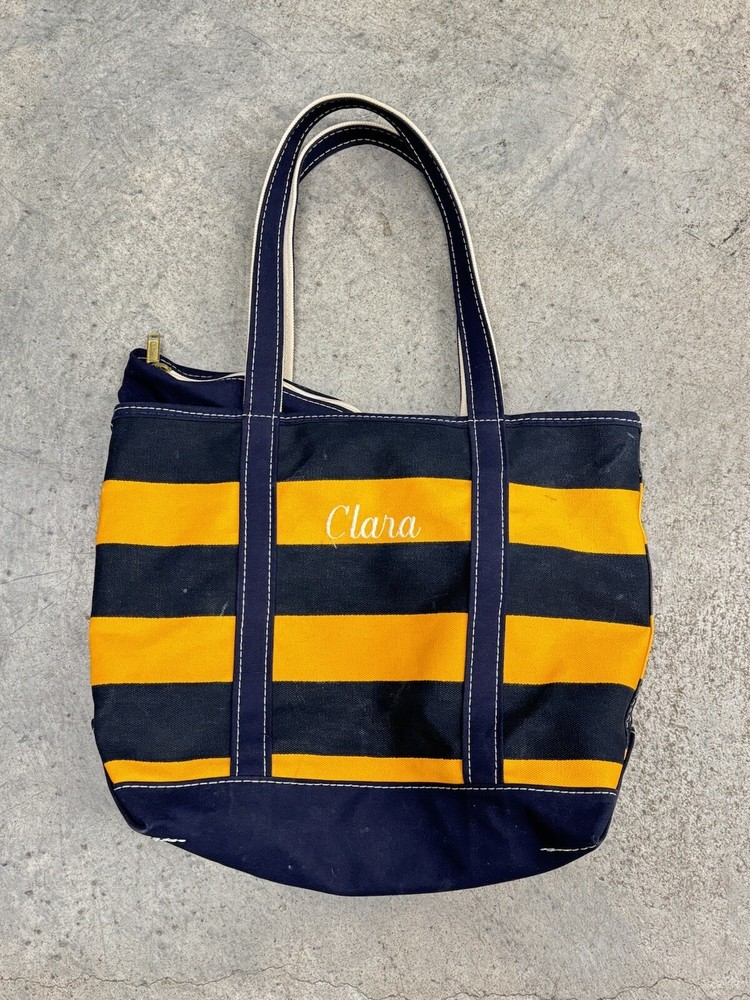 LL Bean Boat and Tote Zip Top in Yellow Blue Striped Canvas Made in USA