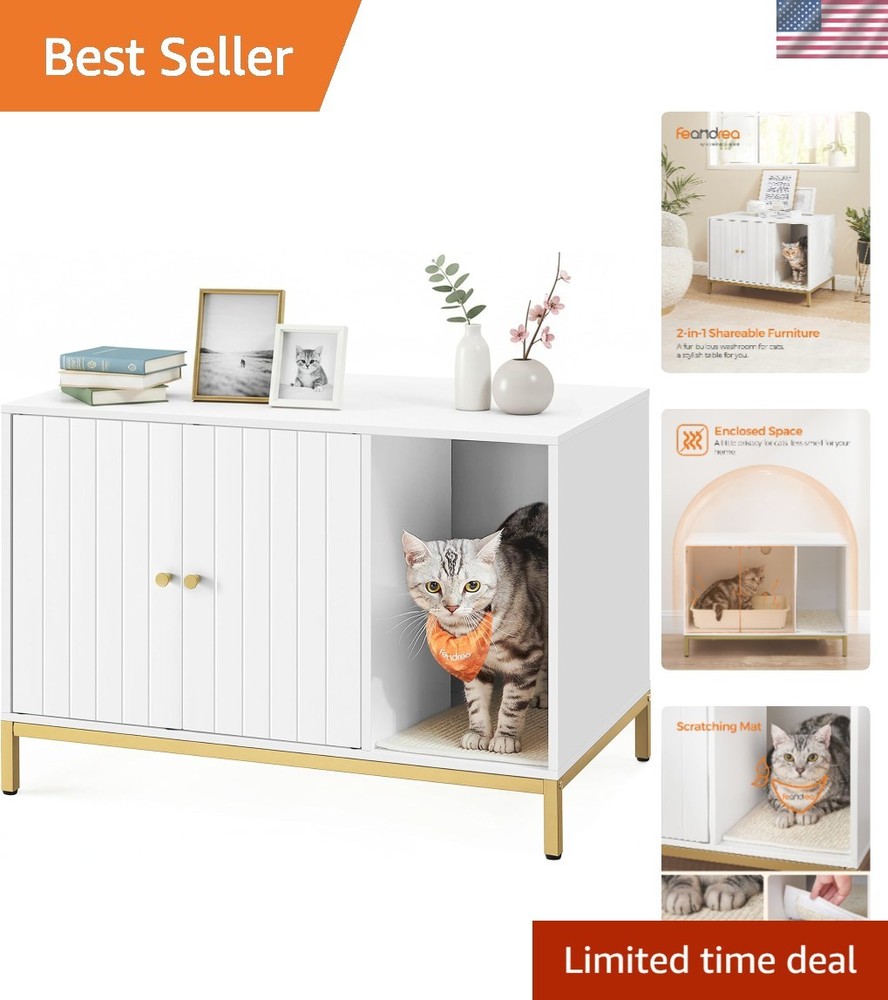 Functional Cat Furniture: White & Gold Litter Box Enclosure with Cabinet Doors