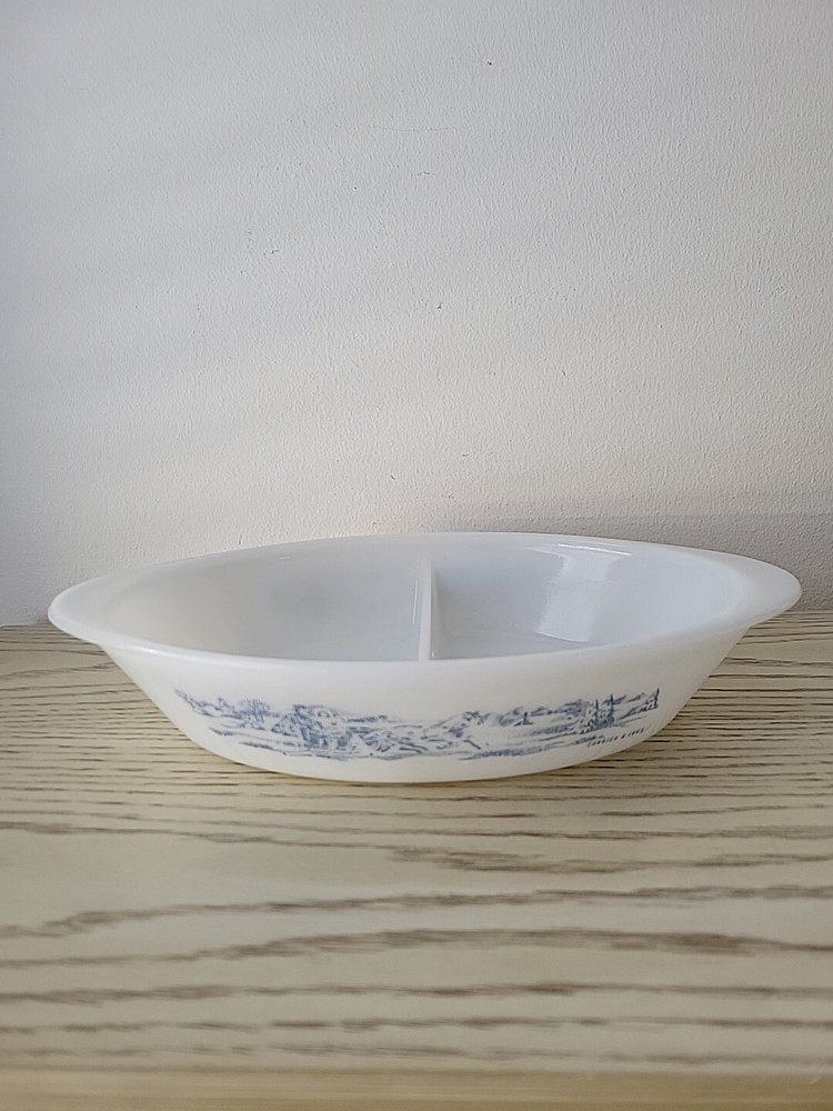 Glasbake Divided Casserole Dish Currier and Ives Blue White Glass Vintage Relish